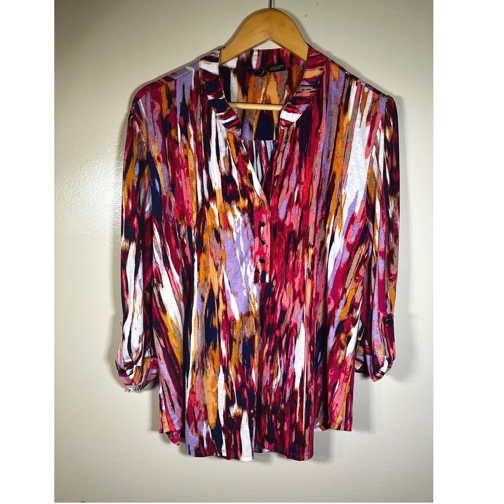 Women  Abstract Print  Blouse with Roll Tab 3/4 Sleeve - Size XL